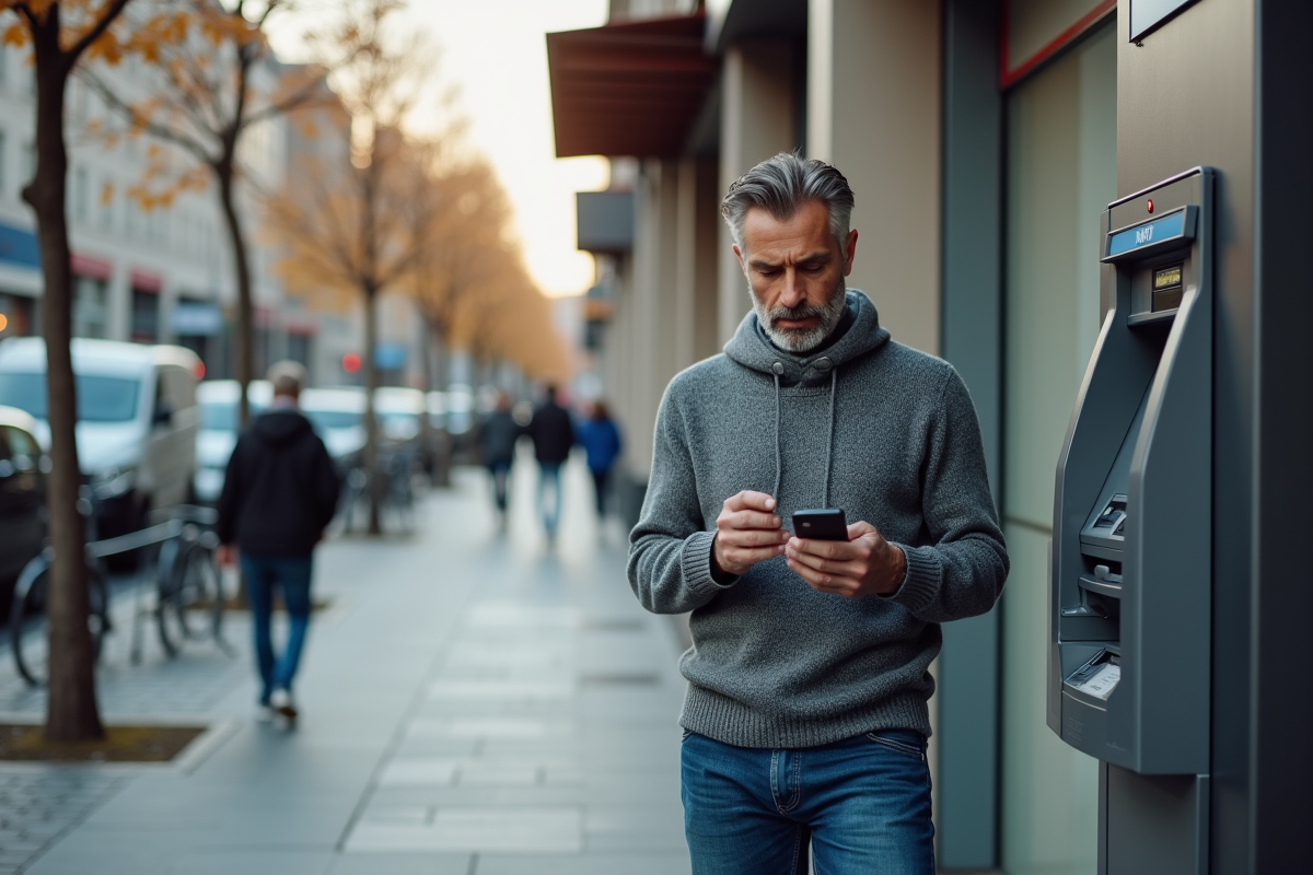 Homme vérifiant une transaction à un distributeur automatique