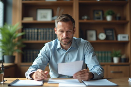 Homme d'affaires en bureau moderne lisant des documents
