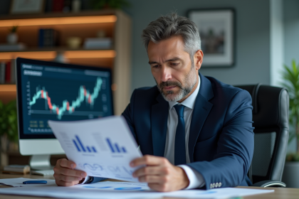 Homme d'affaires en costume bleu analysant un rapport financier