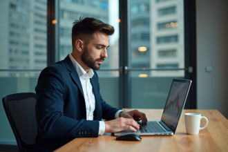 Jeune homme d'affaires analysant des graphiques crypto