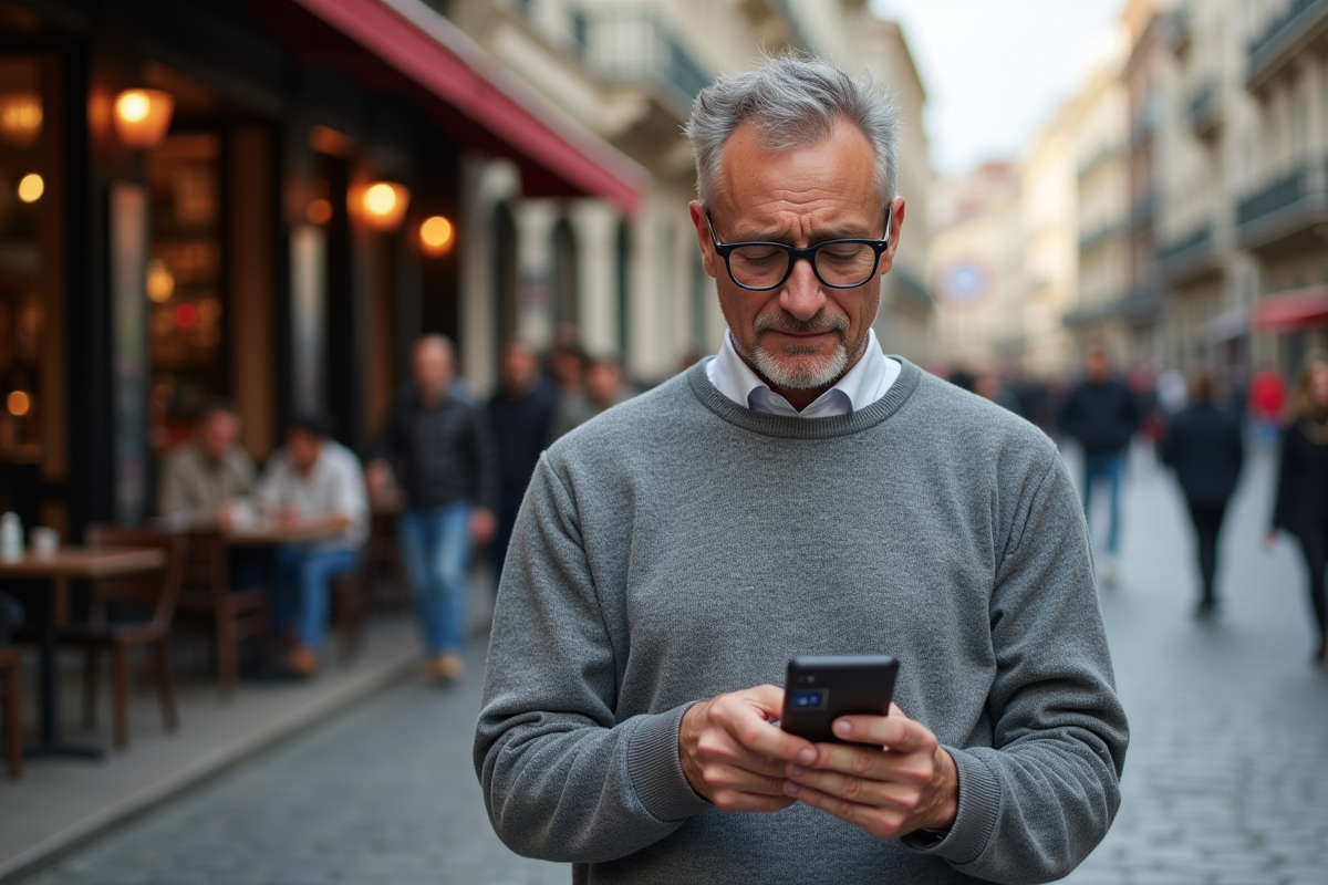 Homme en extérieur tentant de résoudre un souci de carte