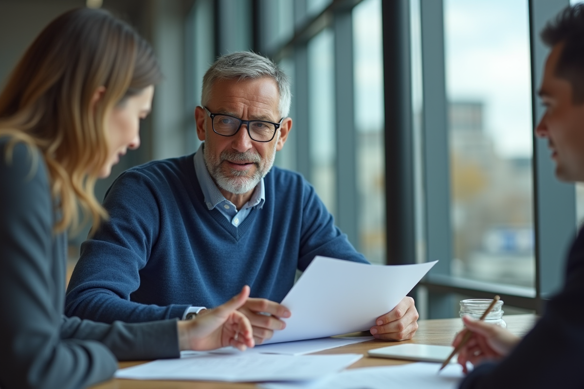 Homme en discussion avec conseiller financier au bureau