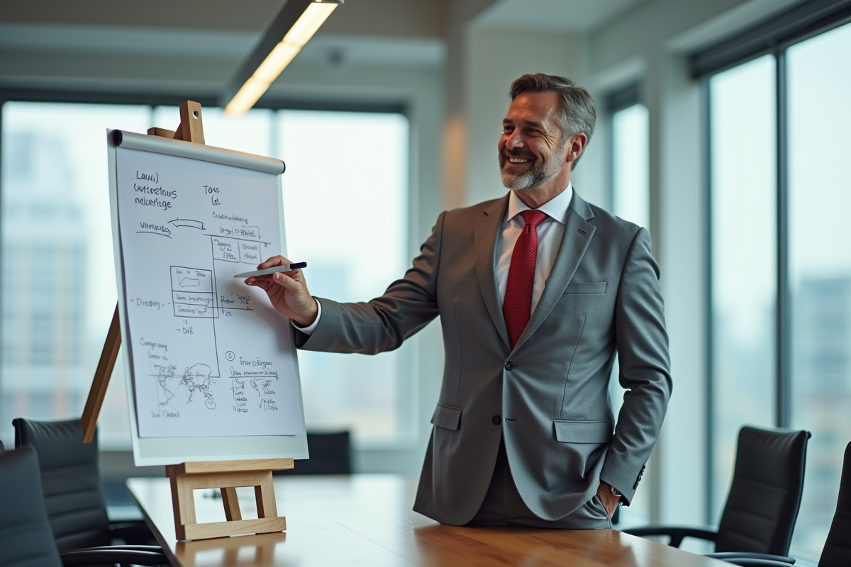 Homme en costume expliquant diagrammes et graphiques