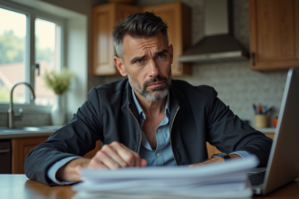 Homme d'âge moyen pensif à la maison avec documents