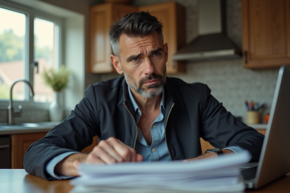 Homme d'&acirc;ge moyen pensif &agrave; la maison avec documents