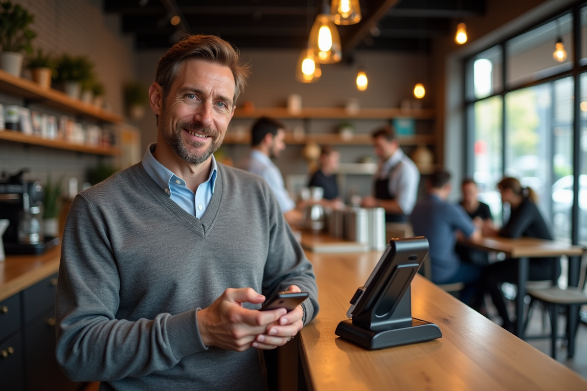 Homme payant sans contact avec son smartphone au café