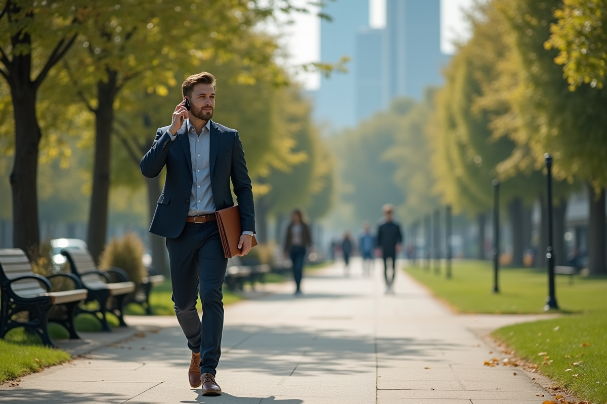 Homme en tenue décontractée parlant au téléphone dans un parc urbain