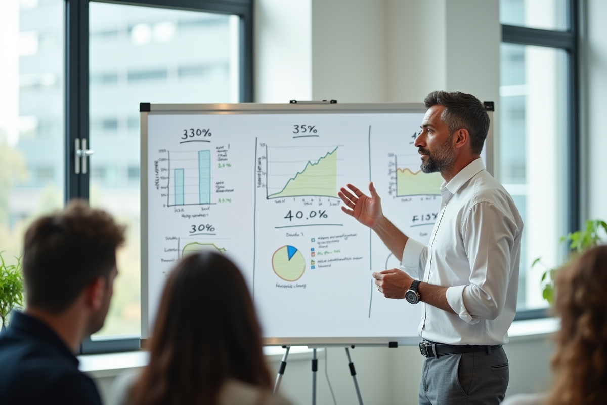 Homme expliquant des graphiques Excel devant un tableau blanc
