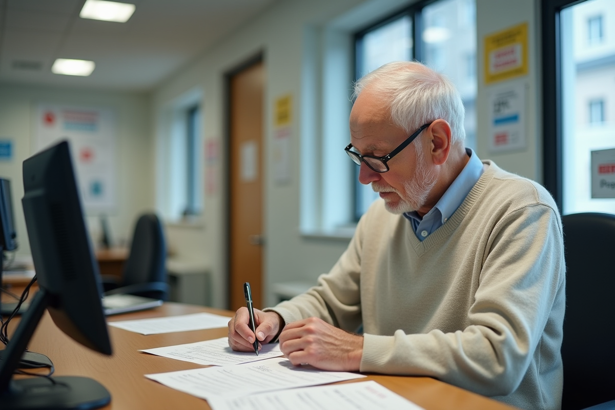 Homme âgé remplissant des formulaires dans un bureau municipal