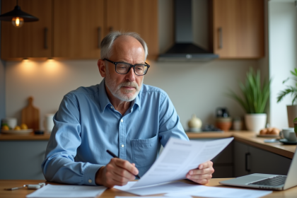 Homme d'âge moyen examine des papiers de retraite à la maison