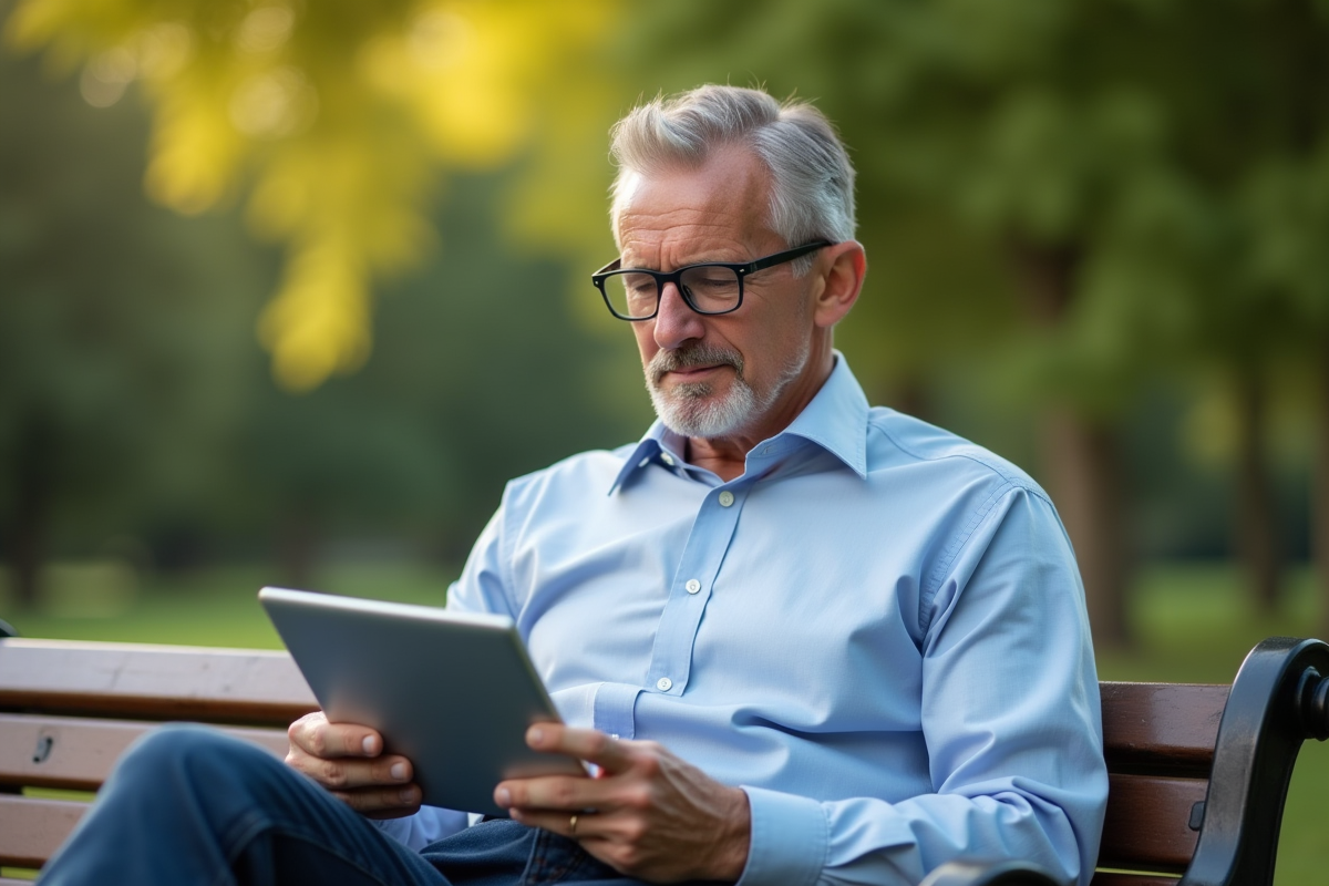 Homme lisant des données ETF S&P 500 sur une tablette dans un parc