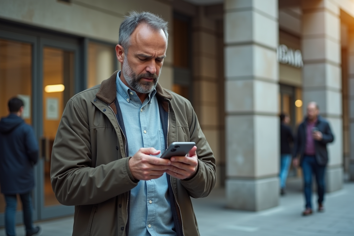 Homme vérifiant son smartphone devant une banque urbaine