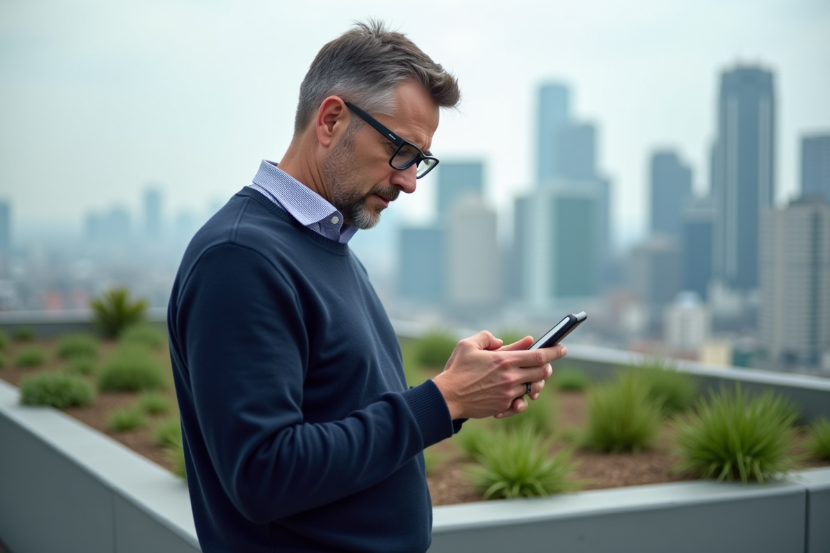 Homme vérifiant une application de cryptomonnaie sur smartphone en extérieur