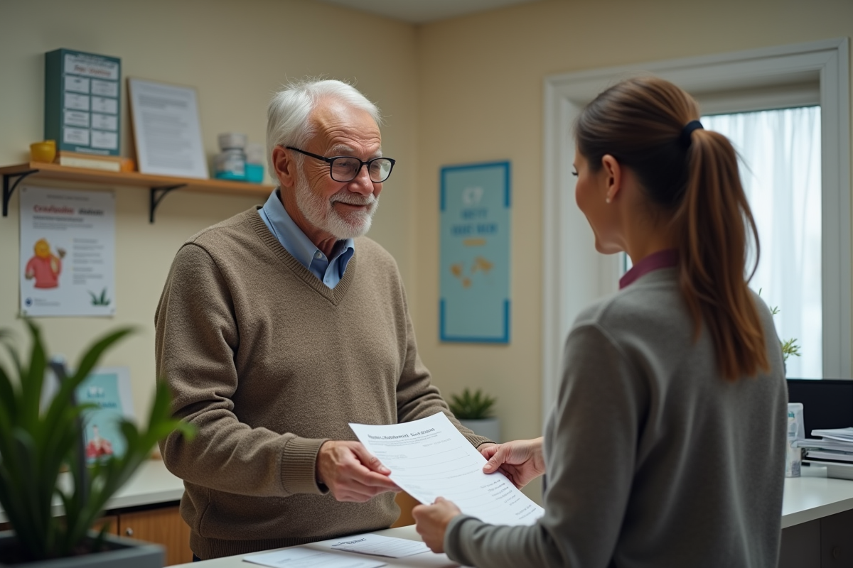 Homme âgé remettant des papiers à une employée dans un bureau municipal