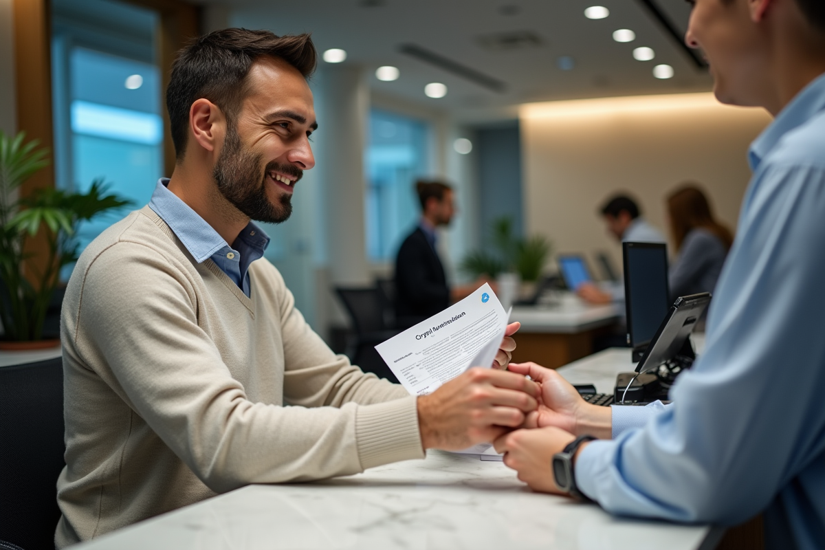 Homme remettant une confirmation de retrait crypto à un agent bancaire