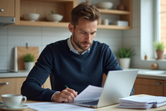 Homme d age moyen travaillant à domicile avec ordinateur
