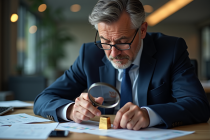 Homme d'affaires examine une barre d'or avec une loupe dans un bureau moderne