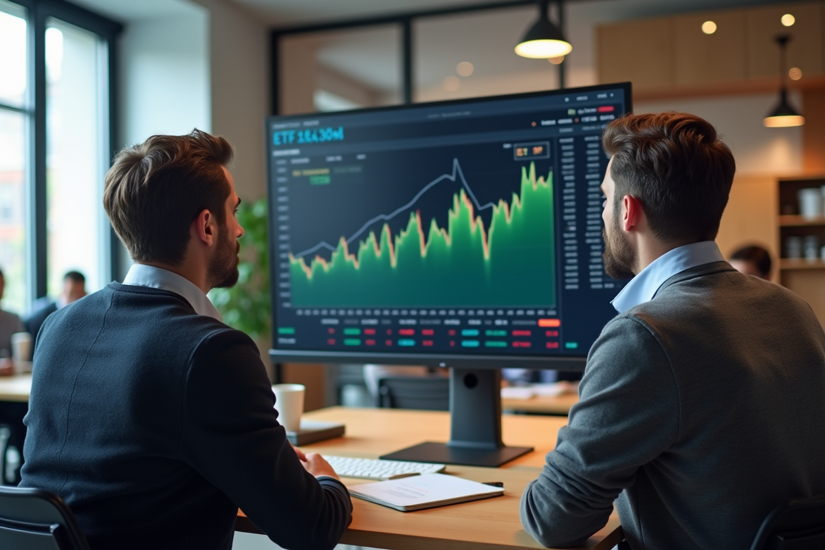 Deux hommes analysant un graphique ETF en coworking