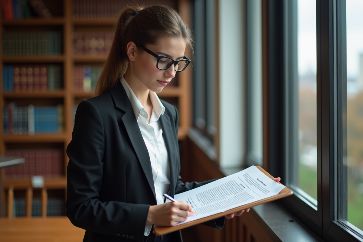 Jeune étudiante en droit dans une bibliothèque universitaire