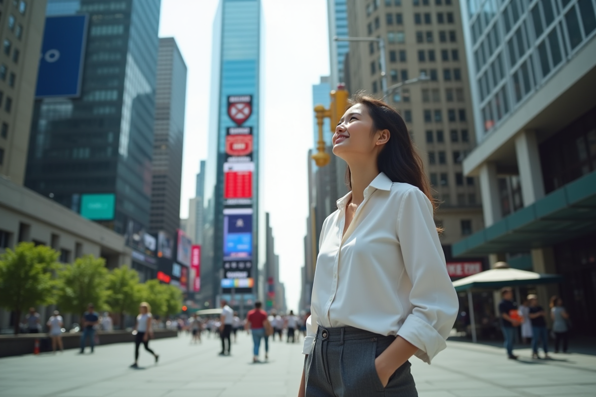 Jeune femme dans la ville contemplant les gratte-ciel