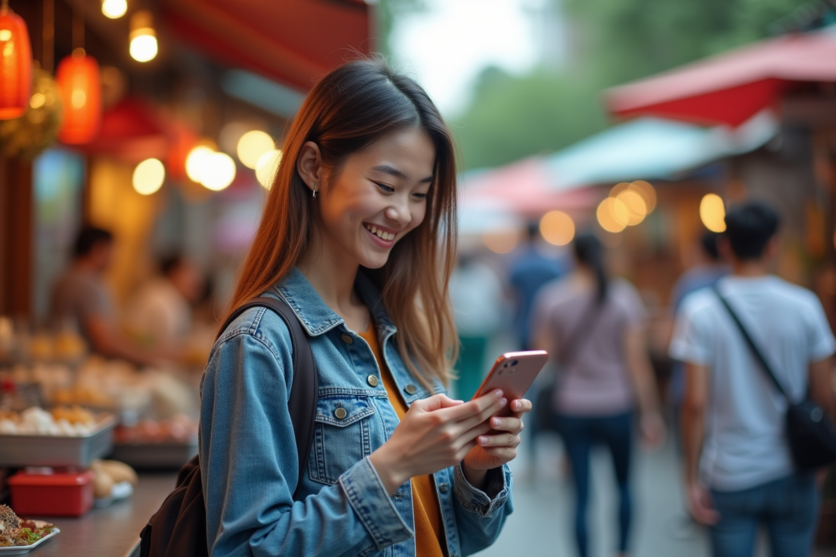 Jeune femme souriante utilisant une application de paiement en plein air