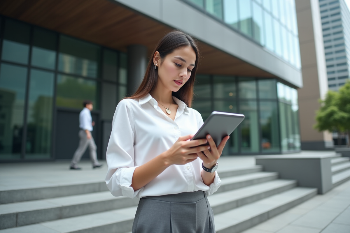Jeune femme entrepreneure avec tablette devant bâtiment moderne