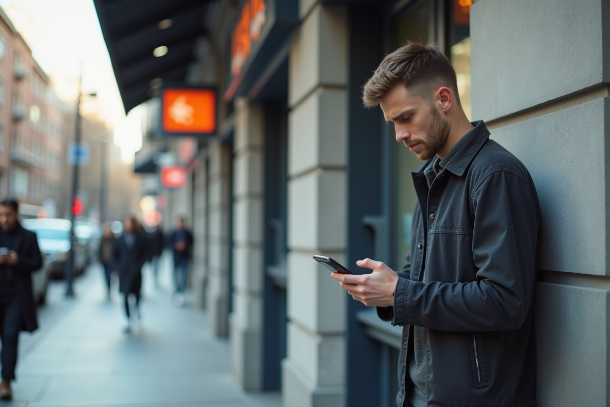 Jeune homme utilisant un smartphone devant un ATM en ville
