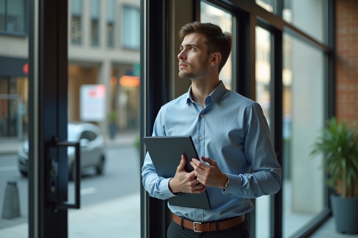 Jeune homme dans une banque regardant par la porte