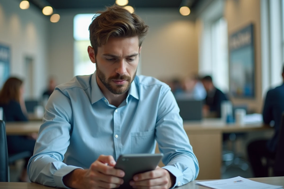 Jeune homme consulte son solde bancaire dans une agence