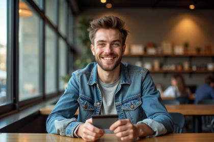 Jeune homme souriant avec carte bancaire au cafe