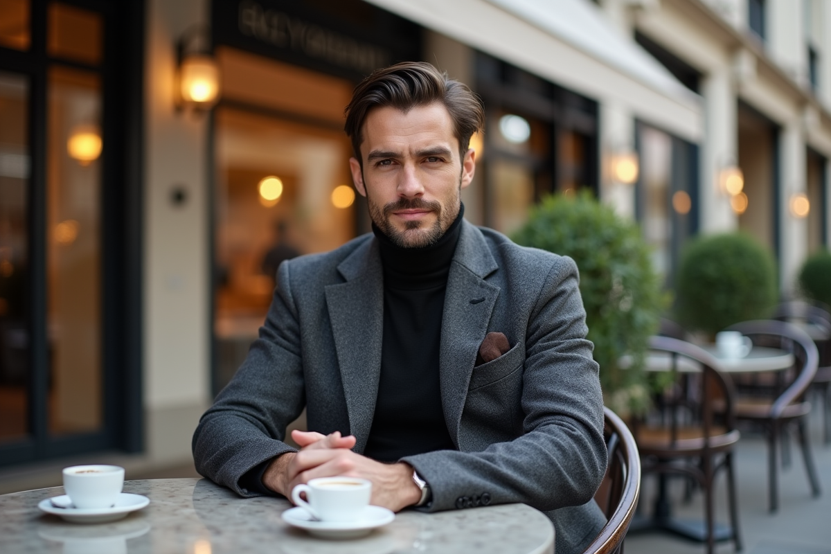 Jeune homme en costume dans un café en zone commerçante
