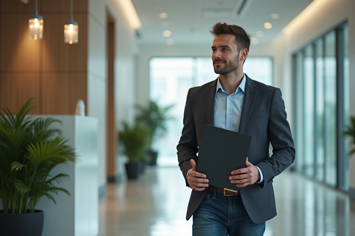 Jeune homme confiant avec contrat d