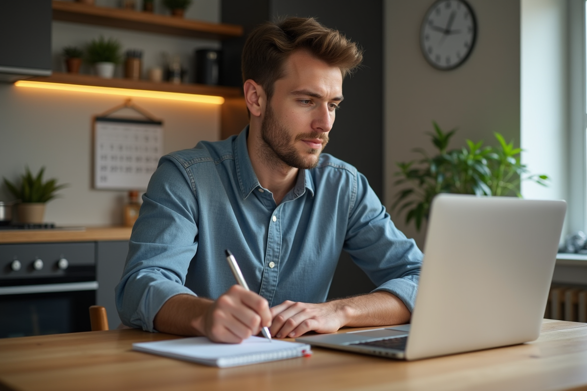 Jeune homme travaillant sur son ordinateur dans la cuisine