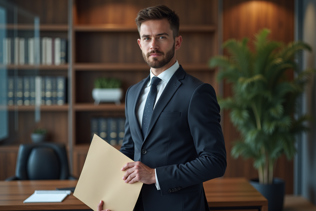 Jeune homme en costume dans un bureau notarial moderne