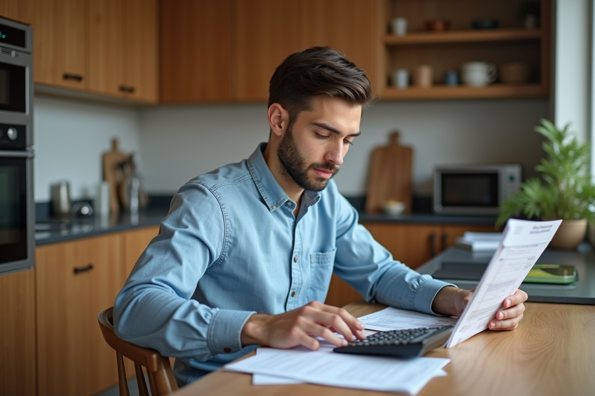 Jeune homme triant ses factures sur la table de cuisine