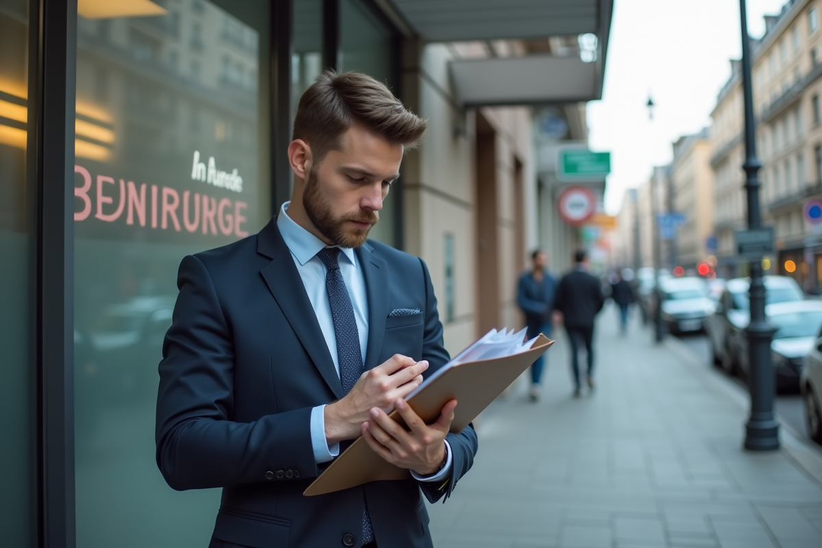 Jeune homme professionnel vérifiant son smartphone devant une agence d