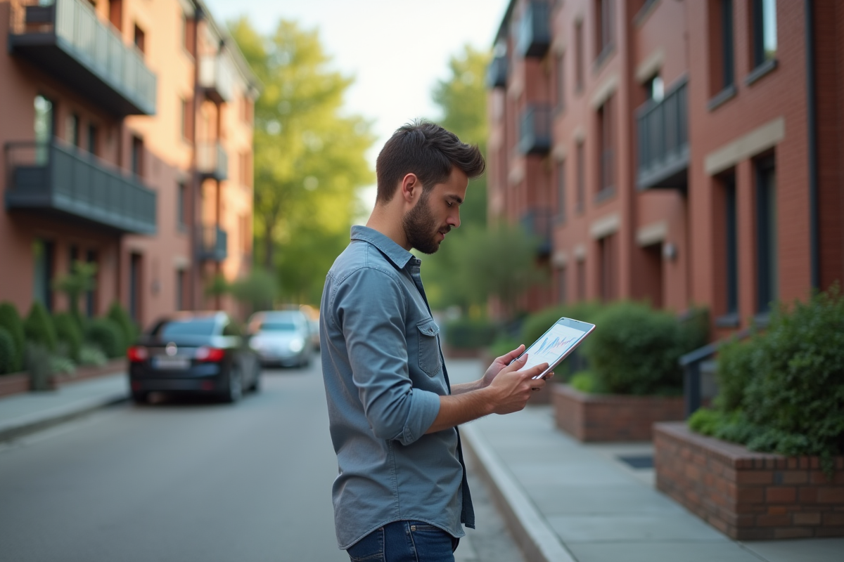 Jeune homme regardant des graphiques financiers en extérieur
