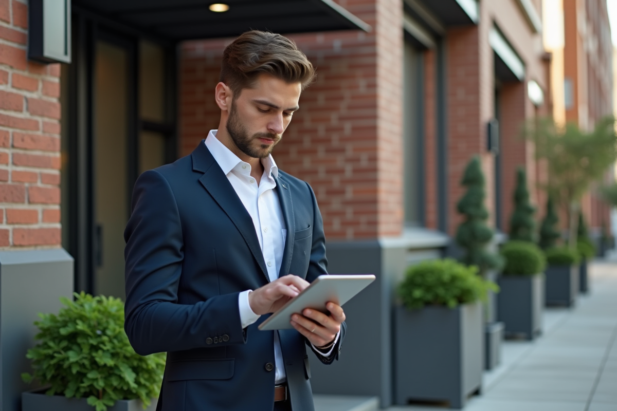 Jeune homme en costume regardant une tablette devant immeuble