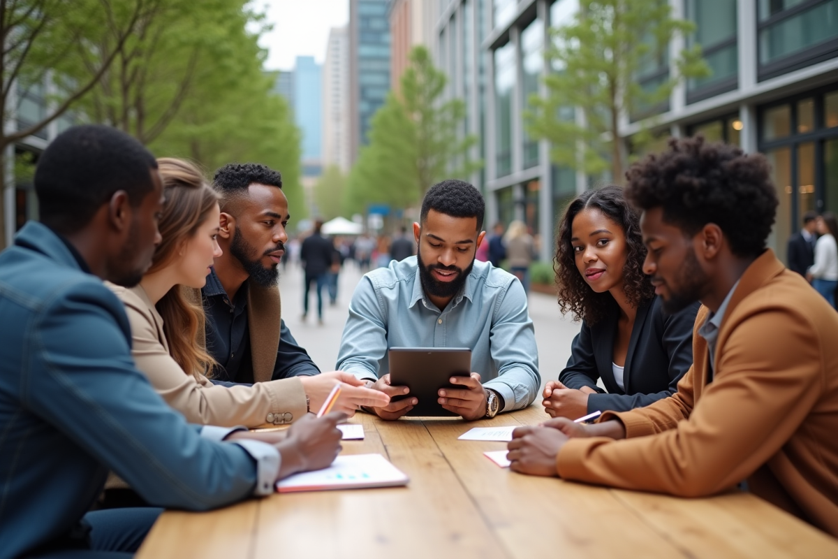 Groupe de jeunes discutant autour d une table en ville