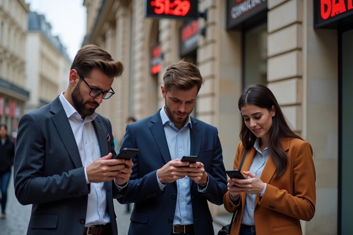 Jeunes professionnels vérifiant le CAC 40 devant la Bourse de Paris