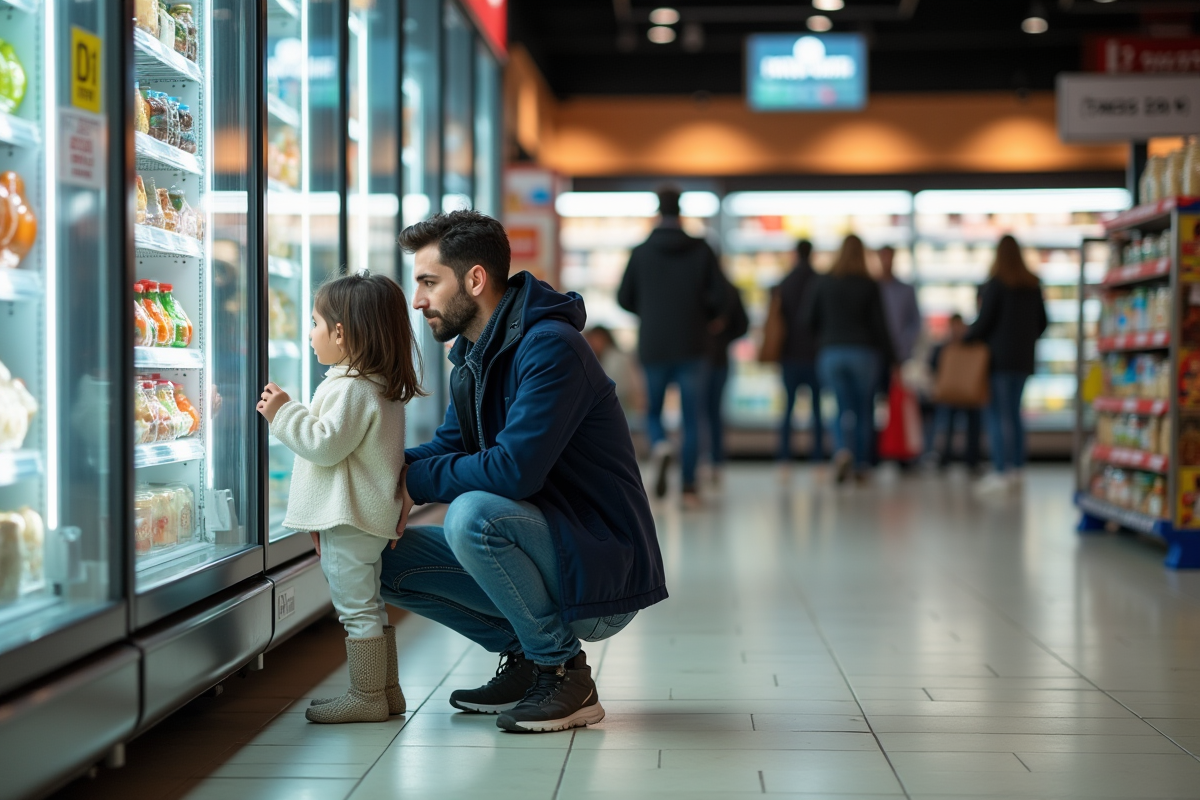 Père et fille regardant étiquettes de réduction en hypermarche