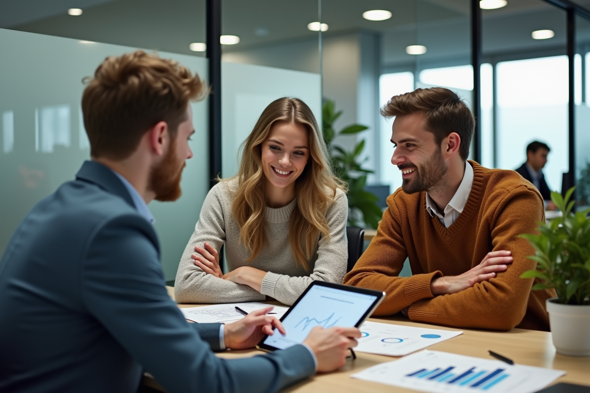 Jeune couple rencontrant un conseiller financier au bureau