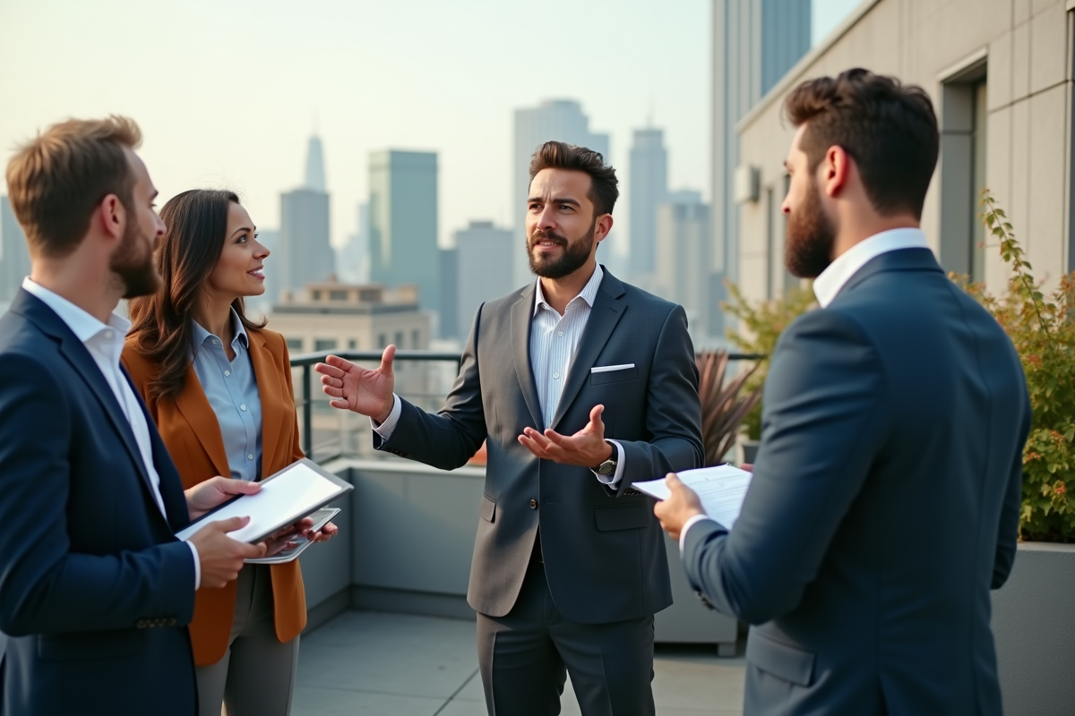 Groupe de jeunes professionnels discutant sur un toit avec vue sur la ville